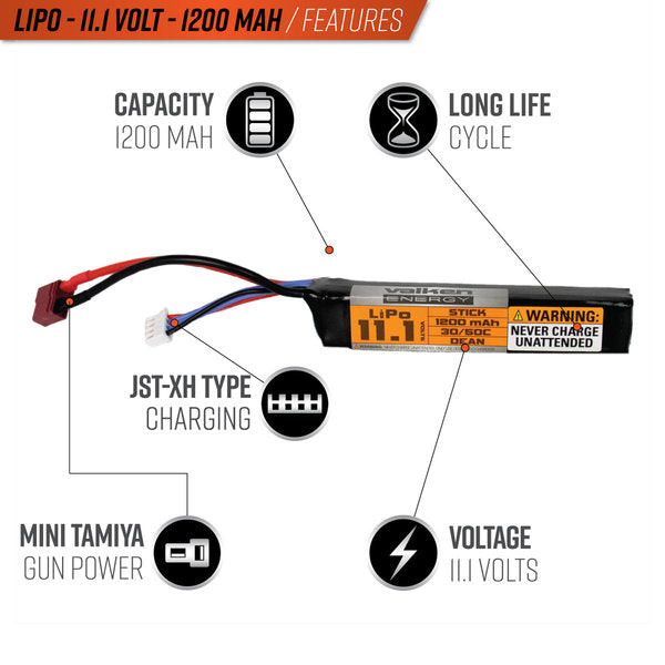 Valken LiPo Battery - 11.1v 1200mAh 30c/50c Stick / Dean - Eminent Paintball And Airsoft
