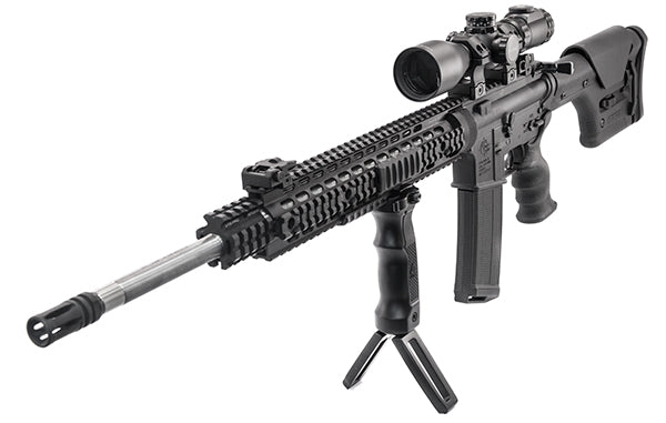 UTG® D Grip® with Ambi. Quick Release Deployable Bipod, Black - Eminent Paintball And Airsoft