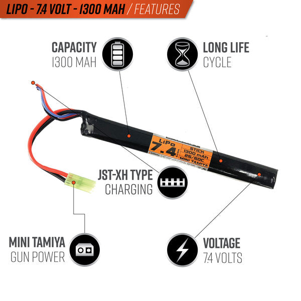 Valken LiPo Battery - 7.4V 1300mAh 50c Stick / Tamiya - Eminent Paintball And Airsoft