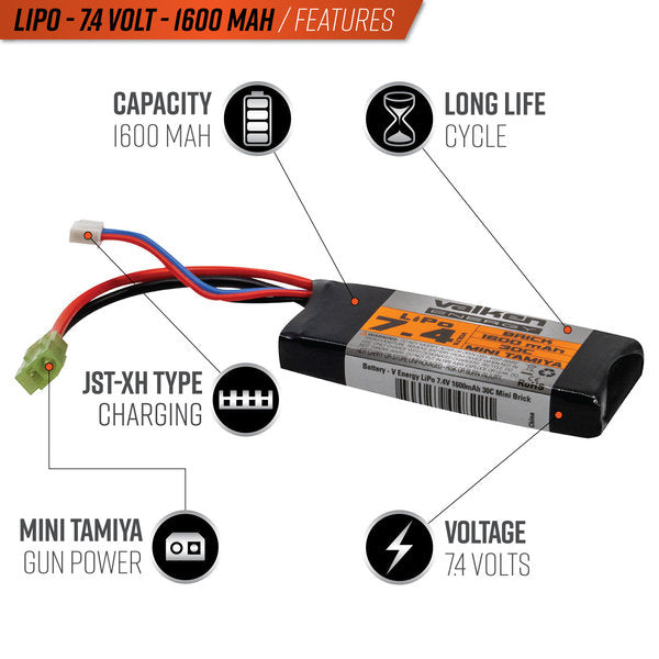 Valken Li-Po Batterym- 7.4v 1600mAh 30C Brick / Tamiya - Eminent Paintball And Airsoft