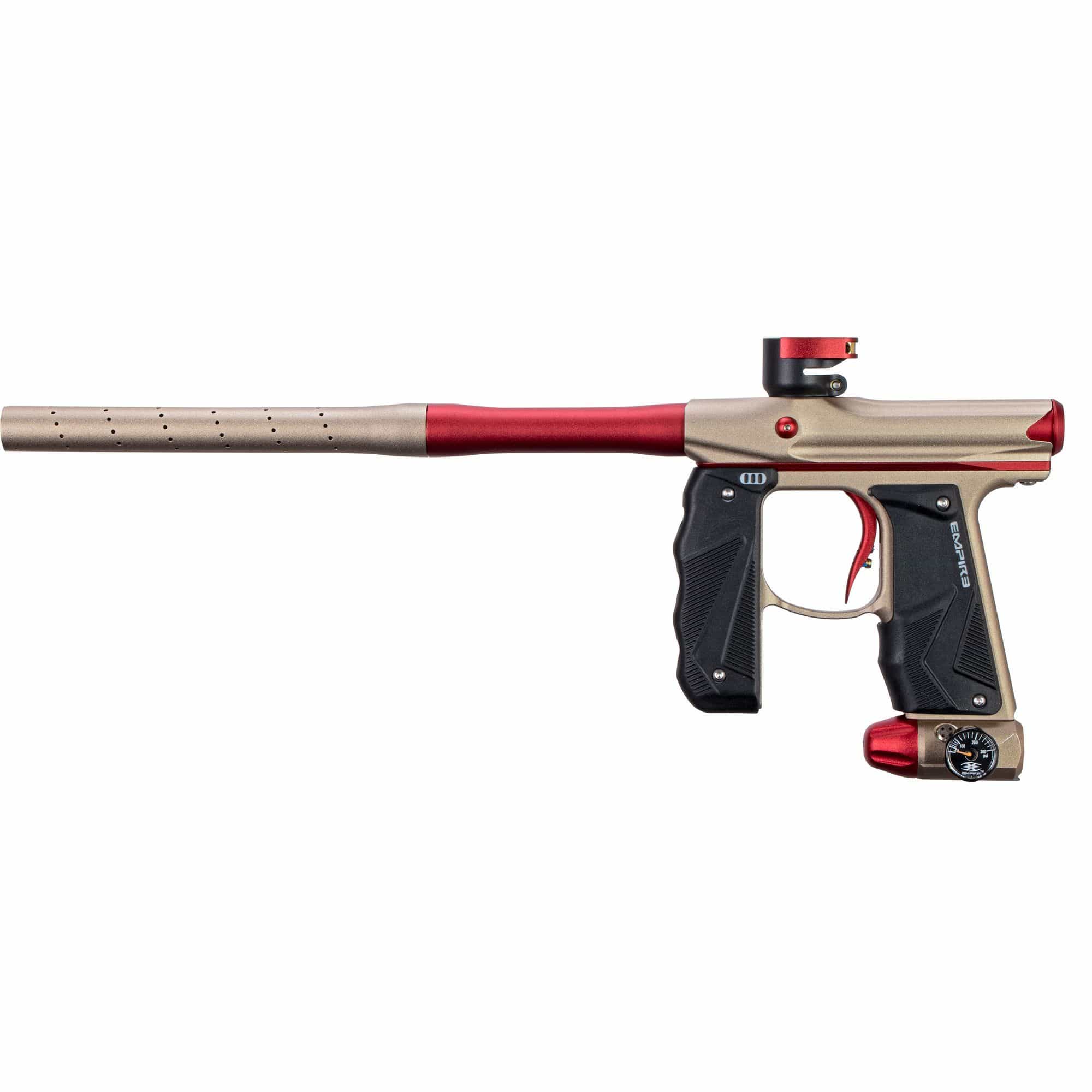 EMPIRE MINI GS PAINTBALL GUN W/ TWO PIECE BARREL- DUST TAN/RED - Eminent Paintball And Airsoft