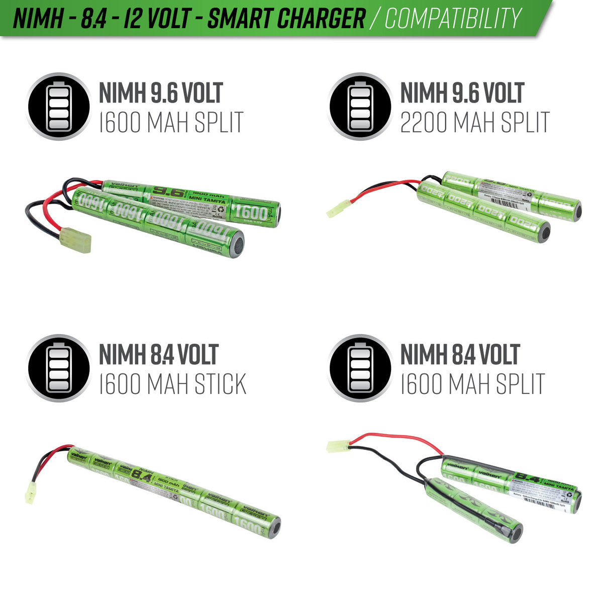 Valken NiMh Power Kit - 9.6V 1600mAh Split Airsoft Battery & 1A Smart Charger - Eminent Paintball And Airsoft